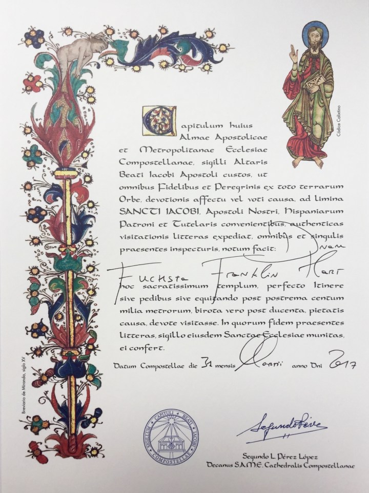 The Compostela, with illuminations taken from the Codex Calixtinus.